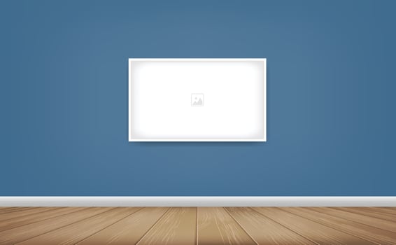 Empty photo frame or picture frame background in room space area with blue wall background and wooden floor. Vector idea for room design and interior decoration.