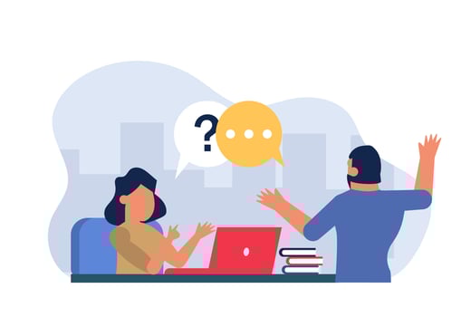 Man at a job interview. A woman sits at a table and asks questions to a man. Business vector illustration with people