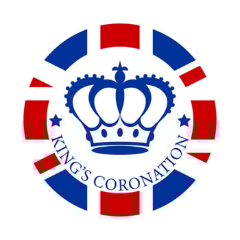 Royal crown in flat style on a round british flag background with text King's coronation. Badge, emblem, logo in honor of the coronation of the new King of England. Vector illustration.