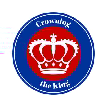 Royal crown on a round red and blue background with the words Coronation of the King in elegant letters. Badge, emblem, logo in honor of the coronation of the new King of England. Vector illustration.