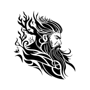 Rugged Viking Warrior with Beard, Mustache and Long Hair. Monochrome Vector Illustration in Tattoo Style Perfect for Tattoo Design, T-shirt Prints, and Masculine-Themed Projects.