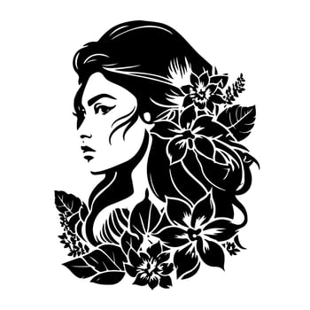 Elegant woman with floral hair accessory. Monochrome vector illustration perfect for beauty, fashion, cosmetics, spa, and other feminine designs.