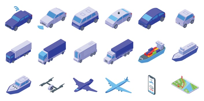 Artificial intelligence in transport icons set isometric vector. Digital car vector