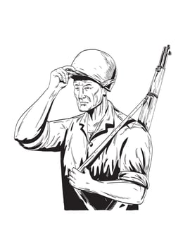 World War Two American Gi Soldier Tipping Helmet Side View Comics Style Drawing vector
