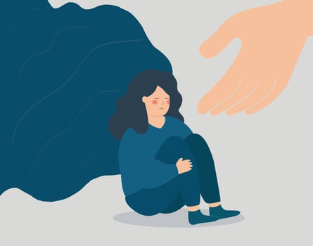 A hand helps a woman to get rid of stress and depression. Sad girl needs support, and care due to psychological problems. Female teenage crying her face. Mental health disorder and divine help concept vector