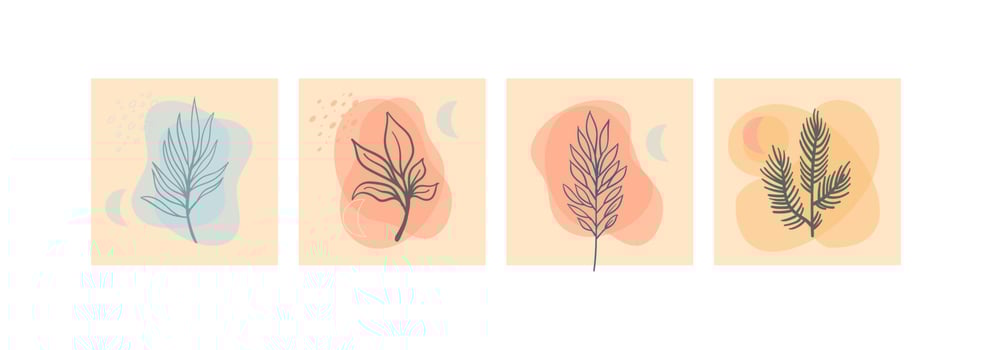 Set of abstract foliage wall art. Leaves, organic shapes, leaf branch, tree in vector line art style.  Decoration collection design for interior, poster, cover, banner.