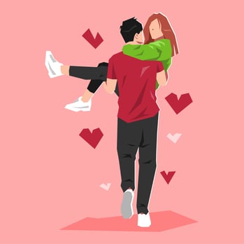 man holding woman with happy expression. lovers, couple. with love, heart sign and red background. back view. flat vector illustration.