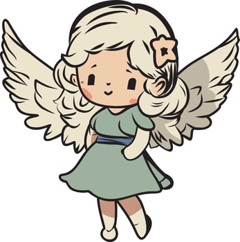 Vector little cute angel girl in cartoon style with green dress wings