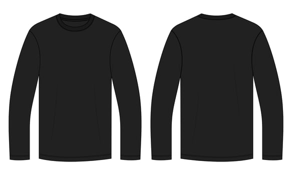 Long sleeve T shirt Technical Fashion flat sketch vector illustration black Color template front and back views.