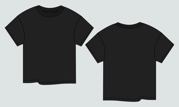 Short sleeve T shirt tops Technical Fashion flat sketch vector illustration black color template front and back views. Clothing design mock up for ladies isolated on Grey background.