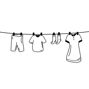 Rope for drying clothes with socks, underpants, T-shirt, shorts,dress. Doodle style illustration, black line isolated on white background. vector