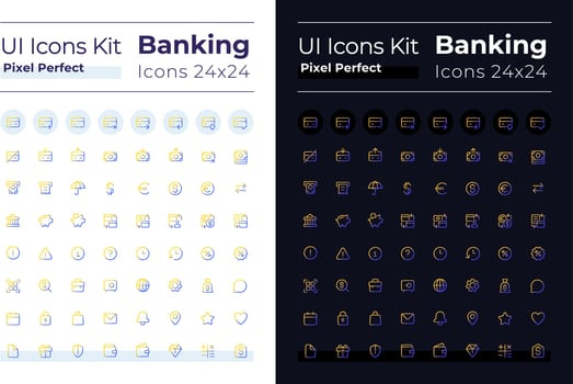 Banking pixel perfect gradient linear ui icons set for dark, light mode. Money transactions. Line contour user interface symbols. Modern style pictograms. Vector isolated outline illustrations