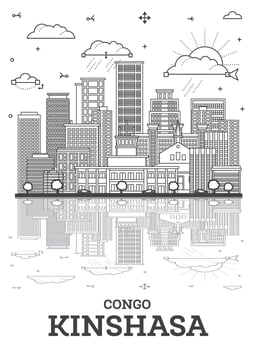 Outline Kinshasa Congo City Skyline with Modern Buildings and Reflections Isolated on White. Kinshasa Africa Cityscape with Landmarks. vector