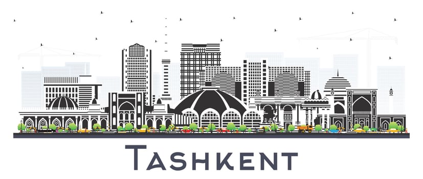 Tashkent Uzbekistan City Skyline with Color Buildings Isolated on White. Tashkent Cityscape with Landmarks. Business Travel and Tourism Concept with Historic Architecture. vector