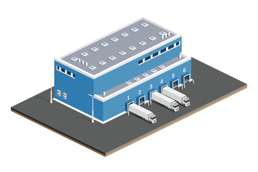 Isometric Distribution Logistic Center. Warehouse Storage Facilities with Trucks Isolated on White Background. vector