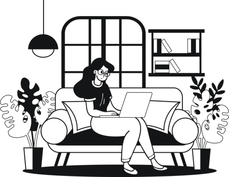 Freelance woman sitting at home working with laptop illustration in doodle style png