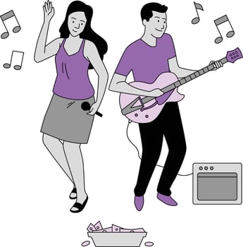 Man and woman playing the electric guitar and singing. Vector illustration.