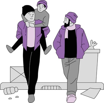 Vector illustration of people in winter clothes walking on the street. Flat style.