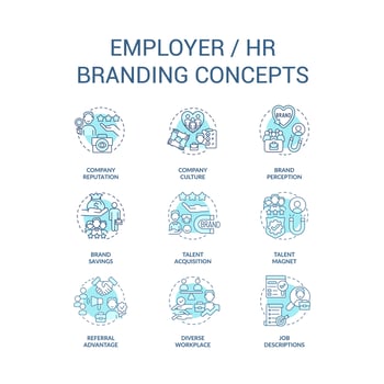 Employer branding turquoise concept icons set. Corporate culture. Human resources idea thin line color illustrations. Isolated symbols. Editable stroke vector