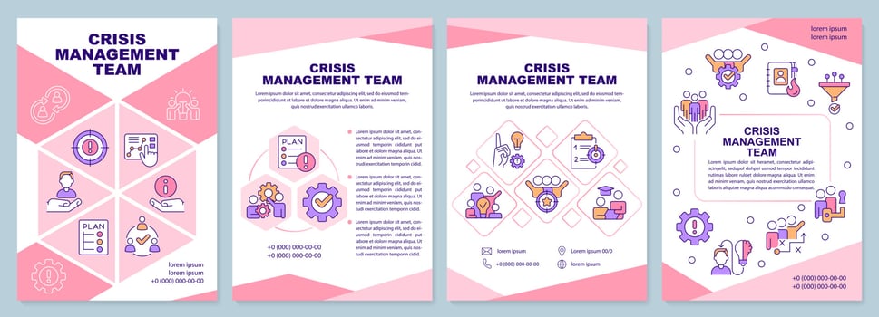 Crisis management team pink brochure template. Leaflet design with linear icons. Editable 4 vector layouts for presentation, annual reports