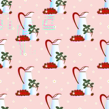 Vector seamless strawberries on a plate, jugs with blossoms and leaves pattern on pink background, fruit design.