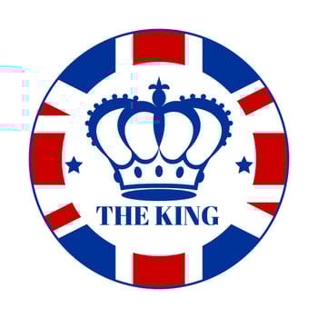 A round badge emblazoned with the British flag, a royal crown and the word The King. Poster, postcard, emblem, logo in honor of the coronation of the new king of England. Vector illustration.
