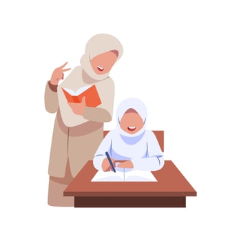 A muslim girl is sitting at a desk and the girl is wearing a hijab. vector