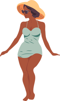 Beautiful young woman in hat. Girl in swimsuit is sunbathing under summer sun. Flat illustration isolated background png