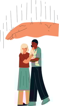 couple under umbrella in rain . Man and woman hug each other. Vector illustration in flat cartoon style