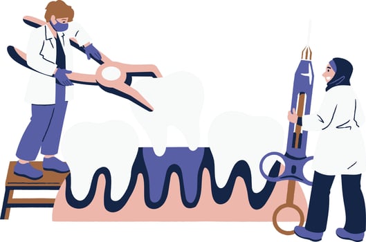 Dental clinic, dentistry, treatment and prevention concept. Dentist and patient with stethoscope and syringe. Vector illustration in flat style