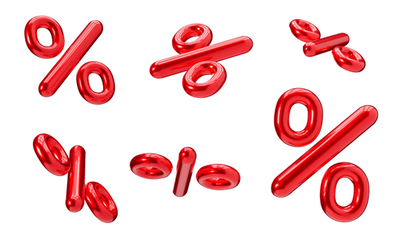Red percent discount 3D signs on transparent background as png. Sale, special offer, good price, deal, shopping. Cut out elements, group. Sale off. 3D render. png