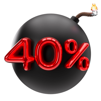 40 percent discount 3D illustration on transparent background, as png. Sale, special offer, good price, deal, shopping. Cut out red and black design element, bomb. Sale up to forty percent off. 3D png