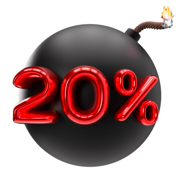 20 percent discount 3D illustration on transparent background, as png. Sale, special offer, good price, deal, shopping. Cut out red and black design element, bomb. Sale up to twenty percent off. 3D png