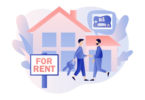 House for rent. Real estate business concept with houses. Tiny real estate agent or broker shaking hands with client. Modern flat cartoon style. Vector illustration on white background