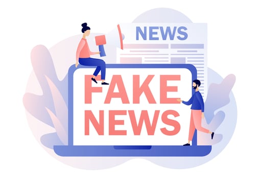 Fake news metaphors. Tiny people read online newspaper. Mass media, hot online information, propaganda newscast. Modern flat cartoon style. Vector illustration on white background