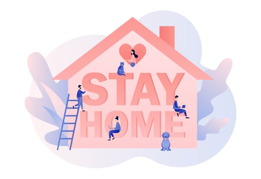 Stay at home. Tiny people at house. Quarantine and self-isolation concept. Global viral epidemic or pandemic. Modern flat cartoon style. Vector illustration on white background