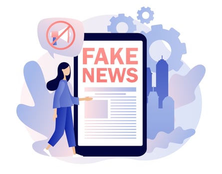 Fake news metaphors. Tiny girl read news with mobile app. Mass media, hot online information, propaganda newscast. Modern flat cartoon style. Vector illustration on white background