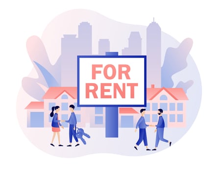 Big sign House for sale. Real estate business concept with houses. Tiny real estate agents or broker shaking hands with people. Modern flat cartoon style. Vector illustration on white background