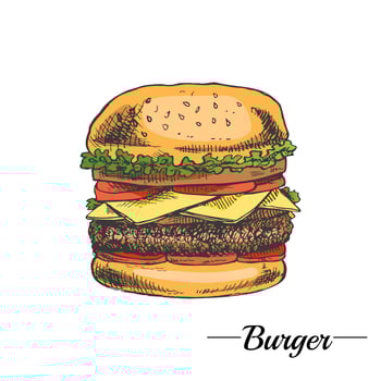 Hand-drawn colored sketch of great delicious sandwich, burger, hamburger isolated on white background. Fast food vintage illustration. Great for menu, poster or restaurant background. vector