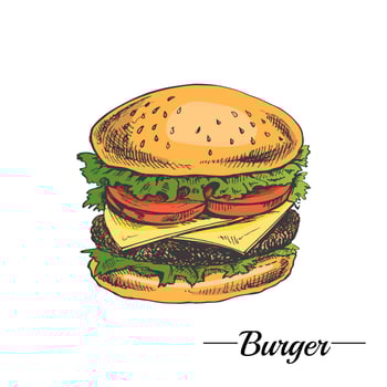 Hand-drawn colored sketch of great delicious sandwich, burger, hamburger isolated on white background. Fast food vintage illustration. Great for menu, poster or restaurant background. vector