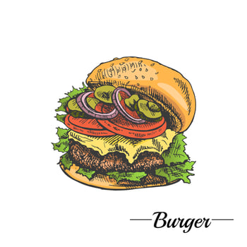 Hand-drawn colored sketch of great delicious sandwich, burger, hamburger isolated on white background. Fast food vintage illustration. Great for menu, poster or restaurant background. vector
