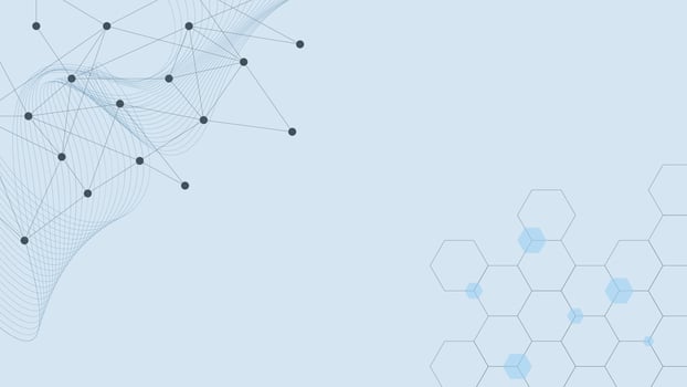 Abstract geometric background with dots lines connection, wave flow and hexagon shapes. Molecular structure concept design. Vector illustration.