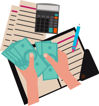 investment calculate. hand holding dollar bill and business document graphics. investment concept png