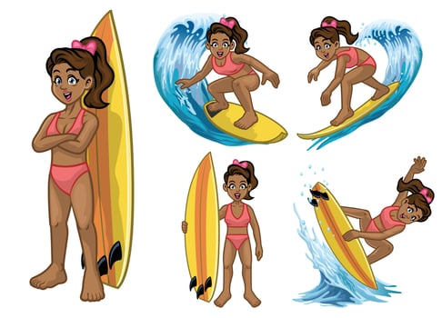 set of black young surfer girl vector