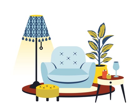 Modern living room. Home furniture. Cozy house interior.  Armchair, house plants, coffee tables, lamp in cozy house interior. Trendy indoor template. Vector flat cartoon illustration