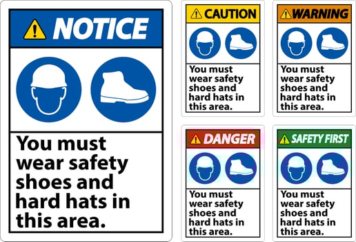 Warning Sign, You Must Wear Safety Shoes And Hard Hats In This Area vector