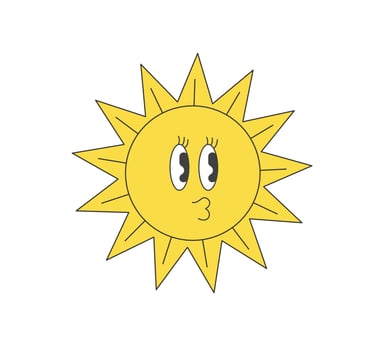 Retro groovy style funky crazy sun character. Psychedelic hippie old funny solar mascot. Abstract vintage hippy bright smiley sticker. Trendy y2k pop culture smiling sunny design. Vector trippy print