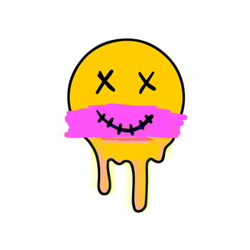Acid smile face. Melted rave and techno symbol of 90s. Pink brush stroke vector