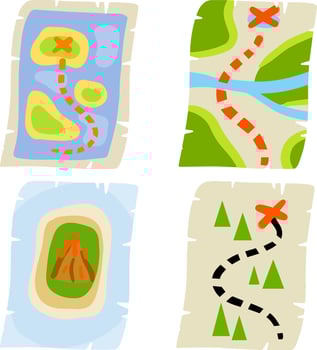 Treasure pirate map. Route with a red cross of the goal. The path and the road. Old paper sheet. Cartoon flat illustration vector