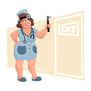 Nice woman otolaryngologist holding an otoscope. Audiologist doctor in medical gown with instruments used to examine the ear, nose, and throat. Female ENT doctor. Vector cartoon illustration.
